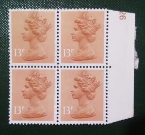 England - (1984) Queen Elizabeth II - 13p Decimal Machin, Normal Perfs, Block of Four MNH Stamp