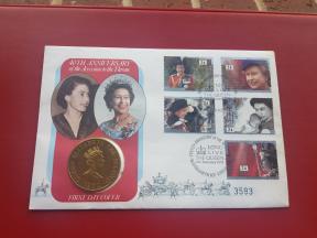 PNC: UK 1992 FDC on The 40th Anniv of Qe2 Accession with 5 Pound Commemorative Crown Size Coin