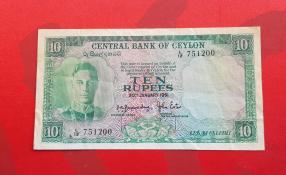 Ceylon (British) 10 Rupees- Kgvi 1951,  VF Condition