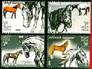 ভারত - (২০০৯) ঘোড়া Breeds - Manipuri, Marwari, Zanskari এবং Kathiawari Horse, ৪v MNH ডাকটিকেট Complet Set
