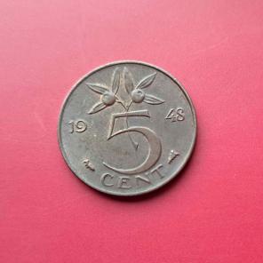 নেদারল্যান্ডস ৫ Cents ১৯৪৮ - ব্রোঞ্জ মুদ্রা - ব্যাস ২১ মিমি