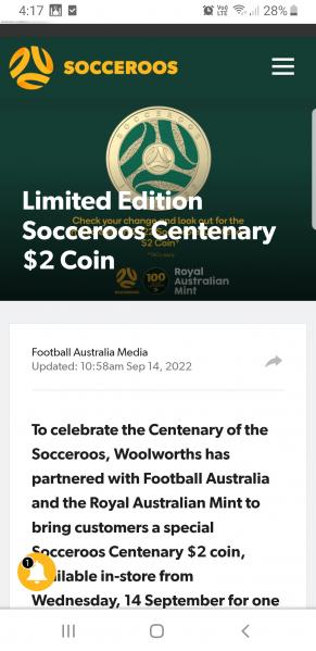 Australia 2 Dollars - 100 Years of The Socceroos 2022 - Aluminum Bronze Coin - Dia 20.5 mm - Limited Edition