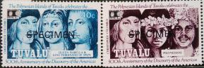 টুভালু (১৯৯২) Columbus with King Ferdinand এবং রানী Isabella, ৫০০th Anniversary of Discovery of আমেরিকা by Columbus, ২v ''Specimen'' MNH ডাকটিকেট