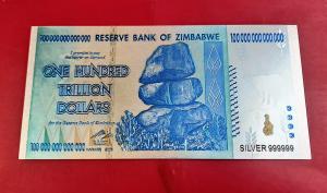 Zimbabwe One Hundred Trillion Dollars Silver Foil Banknote Collectible Gift