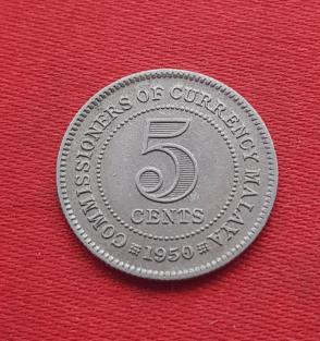 Malaya 5 Cents - George VI 1950 Copper-Nickel Dia 16.2 mm