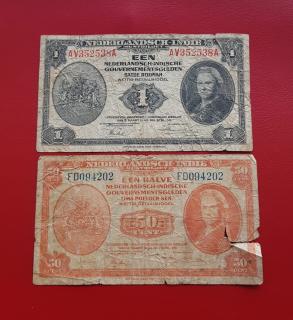 Netherlands Indies (Indonesia) 50 Cents and 1 Gulden Banknotes, Good Condition