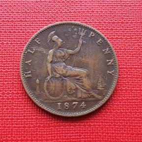UK ½ Penny - Victoria 1874 Bronze Coin