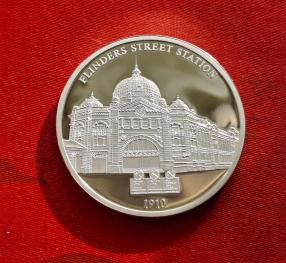Australia 175 Years of Melbourne: Flinder St. Rail Station, Pure Silver Plated Medal, 40.Mm