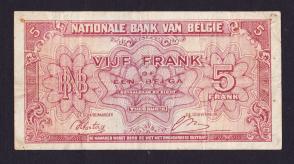 বেলজিয়াম ৫ Francs ১৯৪৩, Ww২, Fine Condition