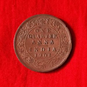 British India Quarter Anna - Victoria 1901 - Copper Coin - Dia 25 mm
