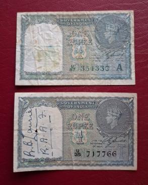 India (British) George VI - 1 Rupee, U Prefix, Black & Green Colored Serials