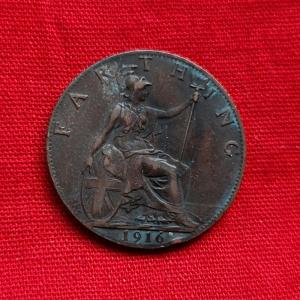 UK 1 Farthing - George V 1916 - Bronze Coin - Dia 20 mm