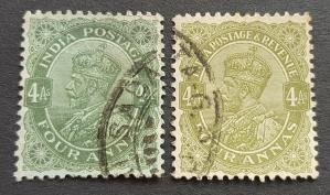 India (British) King George V -4 As, Varities Blue and White Papers, Used