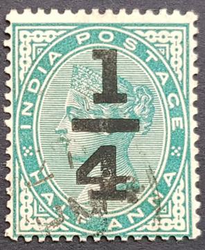 India (British) Qv- 1/4 Anna Overprint on Half Anna, Used