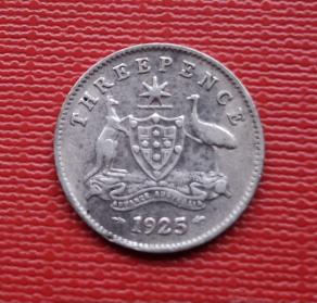 Australia 3 Pence- George V, 1925, Silver (.925) Wt 1.41 G Dia 16mma16 Mmcomposition Silver (.925) Weight 1.41