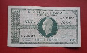 France 1, 000 Francs 1944, XF Condition