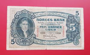 নরত্তএদেশ ৫ Kroner Fine Condition ১৯৩৮