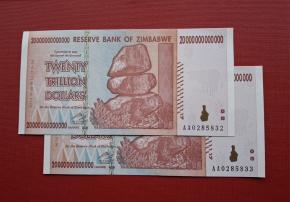Zimbabwe 20 Trillion Dollars 2008, U N C Pair W/ Consecutive S N