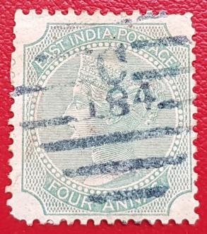 East India (Crown Colony 1858-78) 1856-64 Q V -4 Annas, (P Mtype 12), C/184 Cancelled in Singapore. Used, Rare Cancellation