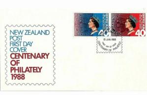 New Zealand (1988) Centenary of Philately FDC, 2 Stamps Queen Elizabeth Ii
