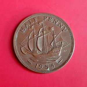 UK Half Penny - Queen Elizabeth II 1954 - Bronze Coin - Dia 25.4 mm