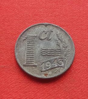 Netherlands 1 Cent 1943 - German Occupation Coinage - Zinc Coin - Dia 17 mm